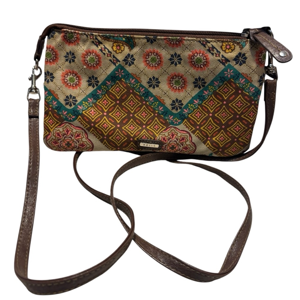 Relic Crossbody Bag Cream Canvas Boho Floral Paisley Geometric pattern Brown